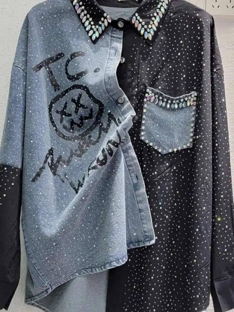 EWQ High Street Beading Diamond Patchwork Black Denim Shirt Y2K Fashion Loose Casual All Match Blouse 2025 Spring Autumn U7602 250523
