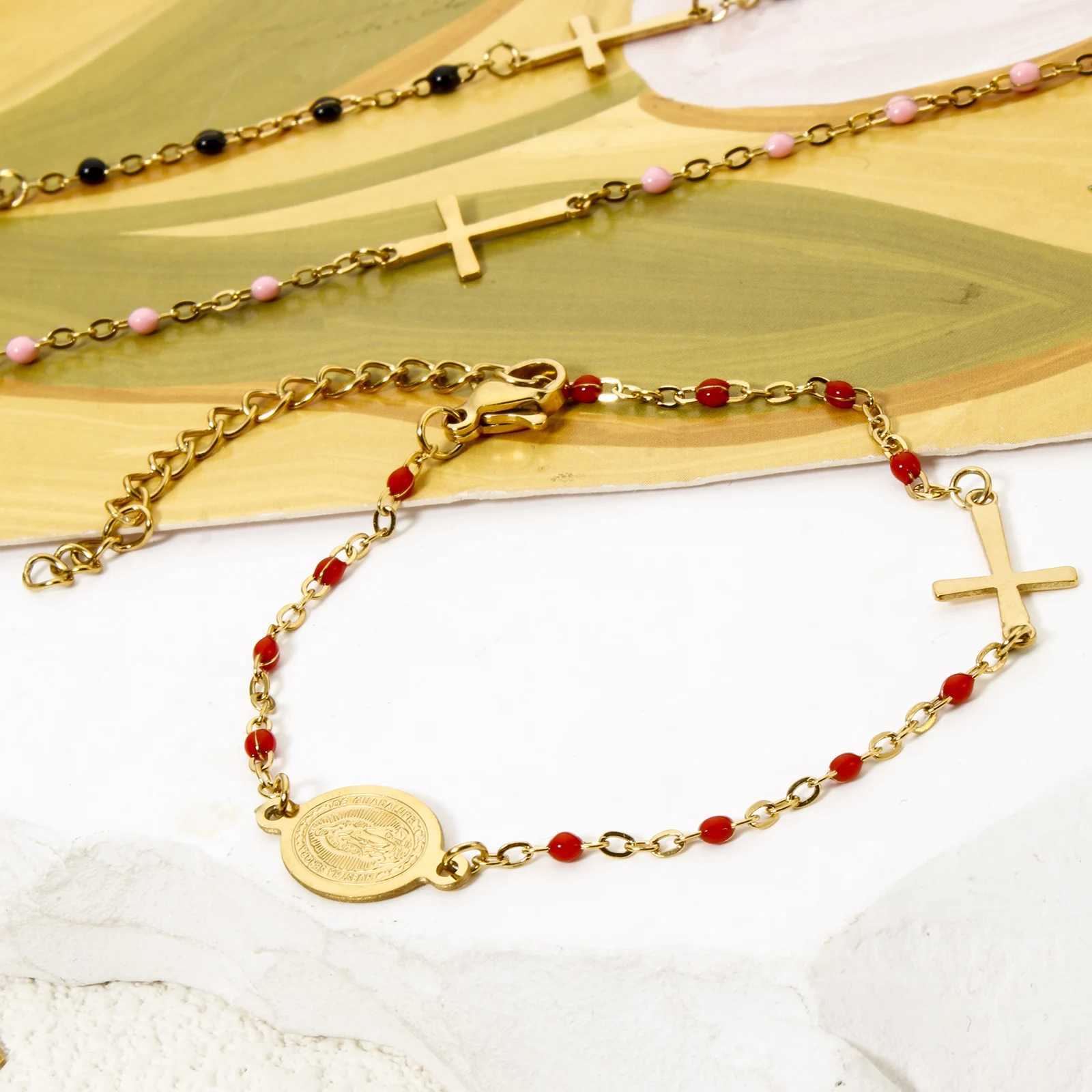 New Cross Virgin Mary Link Cable Chain Bracelets Women Jewelry 18K Gold Plated Stainless Steel Bracelet Gift For Her 17cm W250526