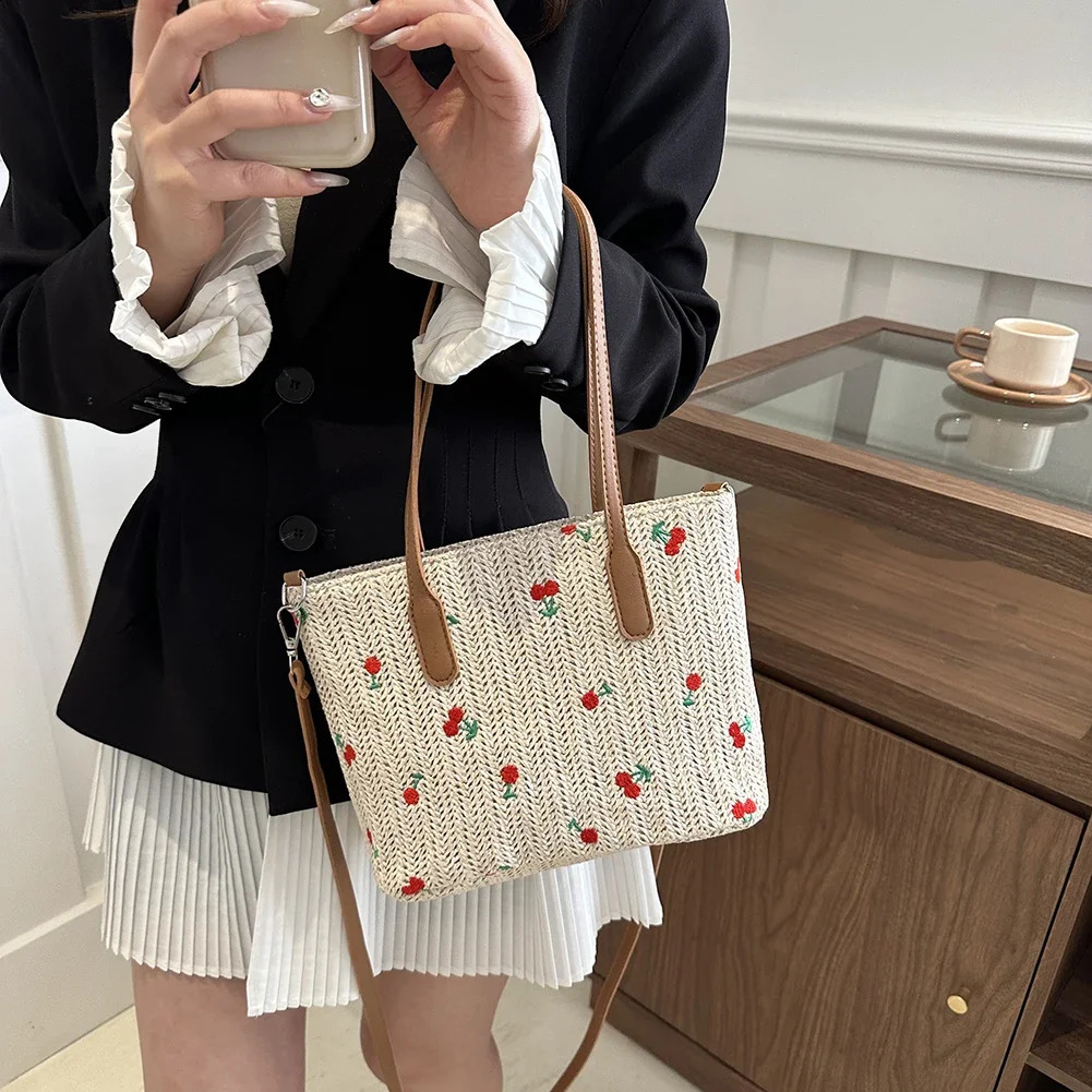 Cherry Straw Woven Tote Bag for Women Summer Beach Raffia Shoulder Bag Rattan tote Handbag Purses Stylish Shopper Crossbody Bag 250428