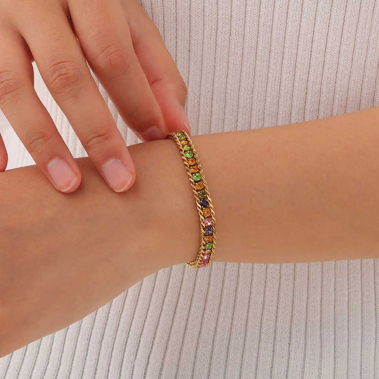 Gold Plated Waterproof Bling Tennis Chain Bracelet for Women Girl stainless steel Cubic Zirconia Chain Bracelet Exquisite Gift W250526