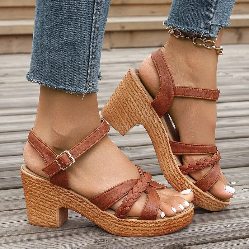 Summer High Heels Sandals Women 2025 Summer Ankle Buckle Platform Sandals Woman Pu Leather Square Heel Gladiator Sandalias Mujer 250519
