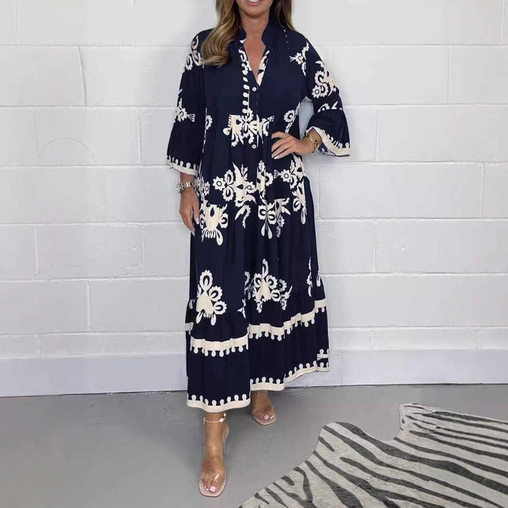2025 Women's New Elegant Printed Stand Collar Waist-Cinching Dress