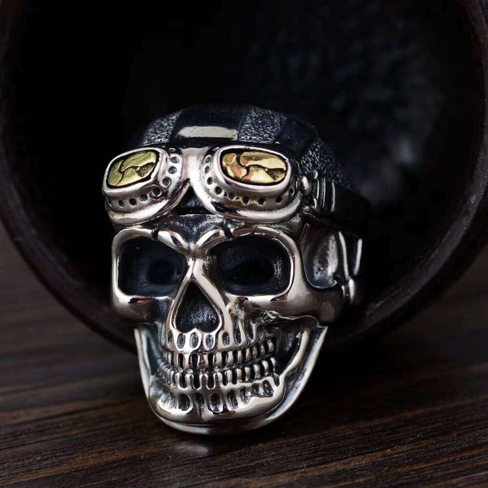 Personalized Biker for Men Genuine Sterling Sier Skull Head With Pilot Glass Mens Rings Resizable Vintage Punk