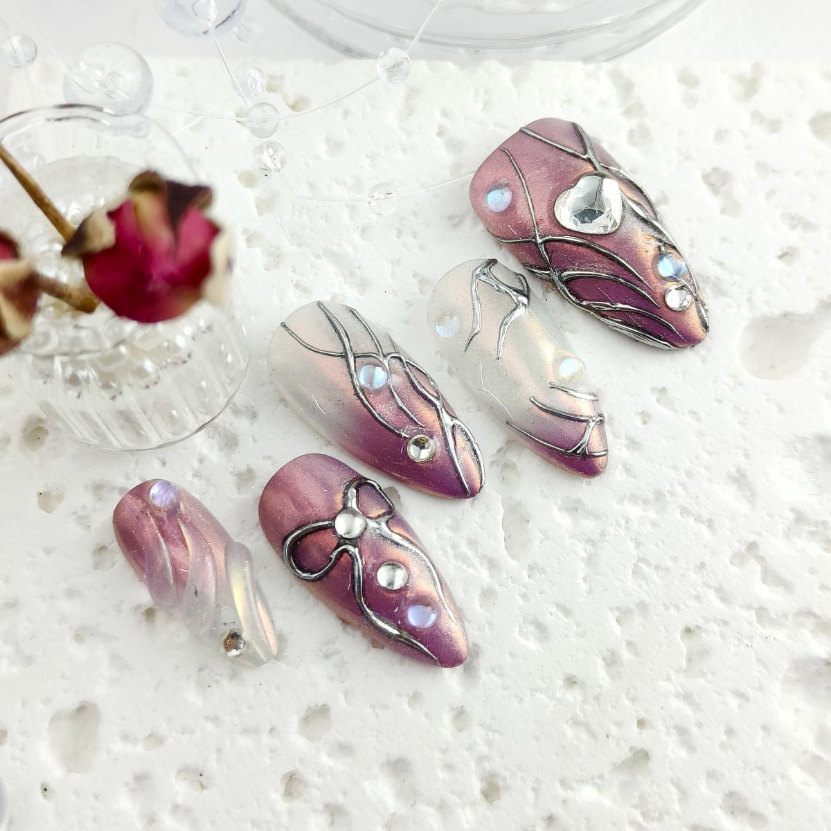 10pcs Y2K Handmade Press-on nails Medium Almond Nails 3D Metal wire Fake nails Bundle Sweet Love Diamond Finished nail stickers Free storage box jelly