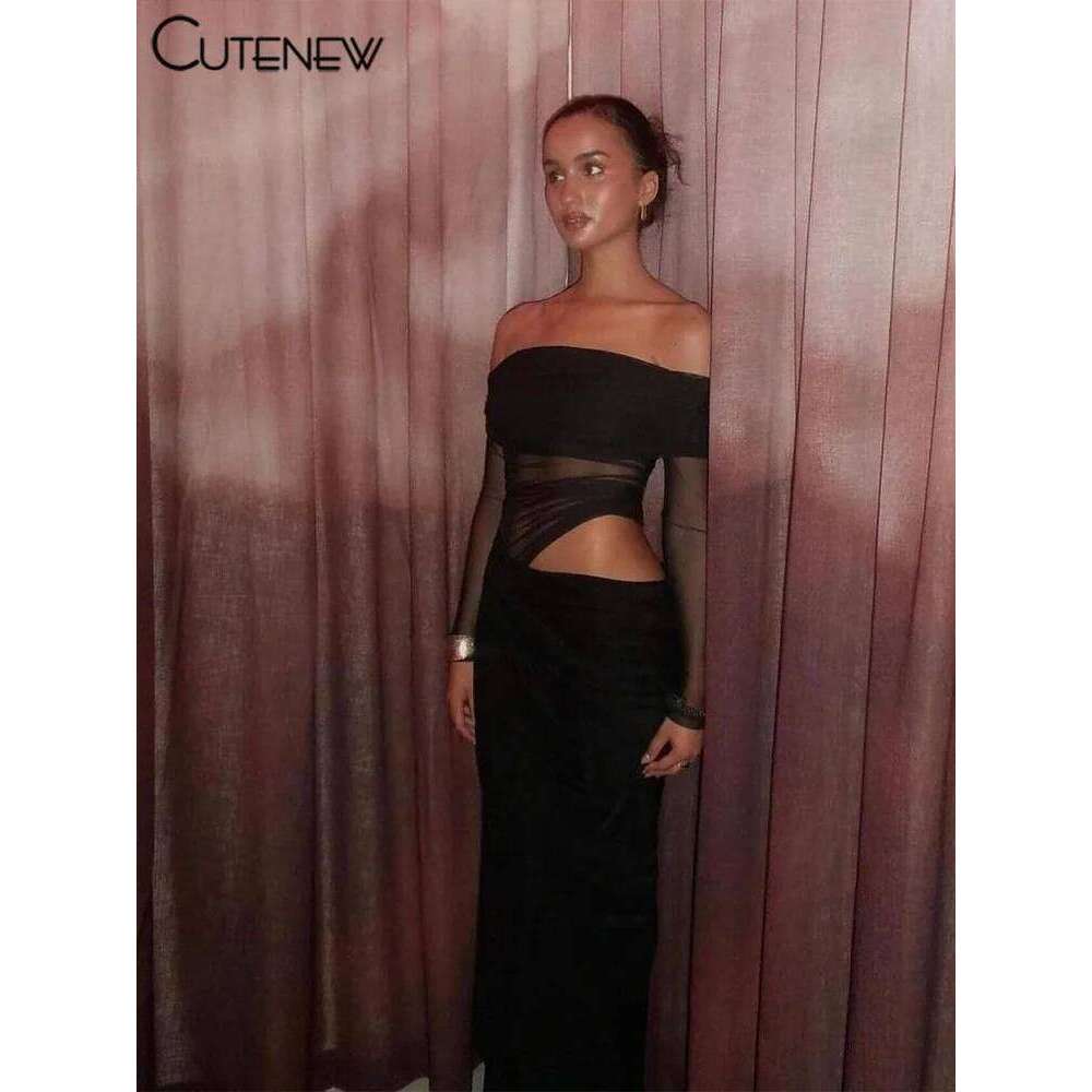 Hot Tight Dresses Cutenew Mesh Ruched Women Maxi Dress Sexy See Through Off Shoulder Long Sleeve Sheath Vestidos Female Midnight Party Solid Robe