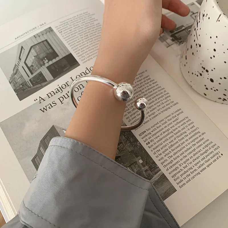 925 Sterling Silver Bangle Bracelet 2 Balls Geometric Polished Punk Stackable For Woman Girl Jewelry Gift Dropship Wholesale W250526