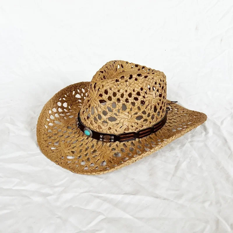 Summer Womens Mens Ethnic Style Western Cowboy Straw Hat Punk Style Handmade Hollow Sun Hat Rolled Edge Sunscreen Beach Cap 250526