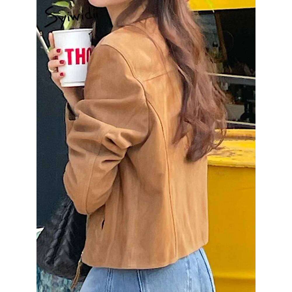 Syiwidii Jackets For Women Turn-Down Collar Casual Spliced Coat Autumn 2024 New Fashion Long Sleece Zipper Female Loose Jacket