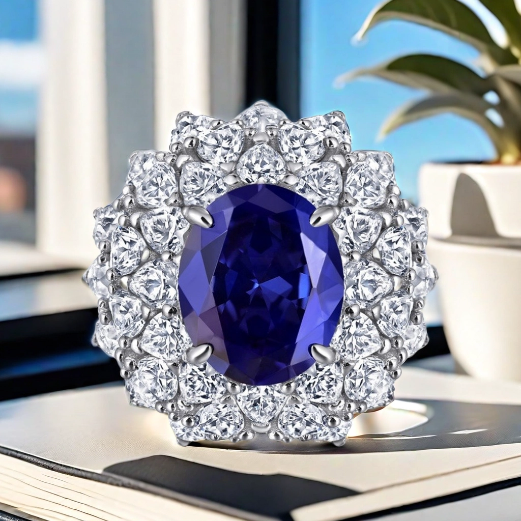 6CT 10*12 S925 sterling silver high carbon diamond cultivated sapphire Royal Blue ring finely elegant individualistic fashionable hotselling designer 