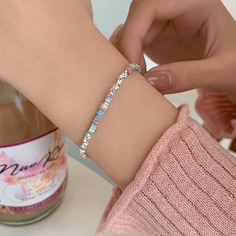 925 Sterling Silver Bracelet Colorful Beads Squares Asymmetric Geometric For Woman Girl Fashion Jewelry Gift Dropship Wholesale W250526