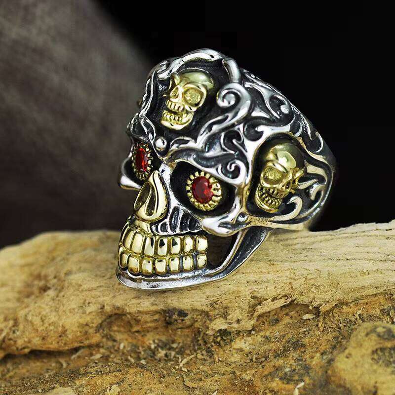 Sier Jewelry Gothic Inlaid Natural Garnent Stone Mens Skull Rings