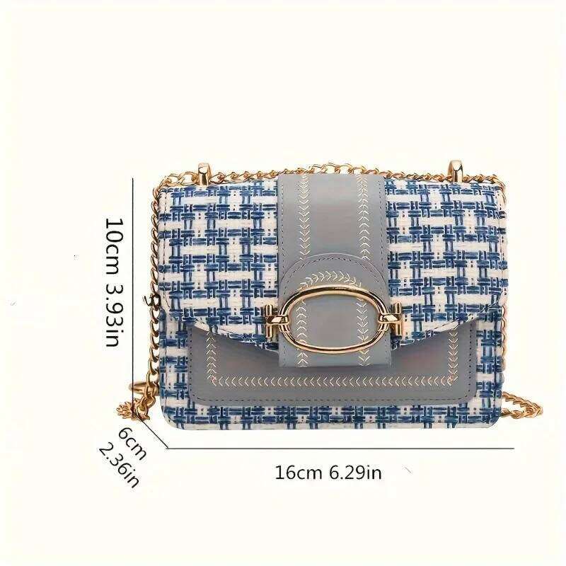 Chic Mini Plaid Tweed Crossbody Bag With Adjustable Strap, Fashionable Buckle Closure - Available In Cream, Green, Blue, Black