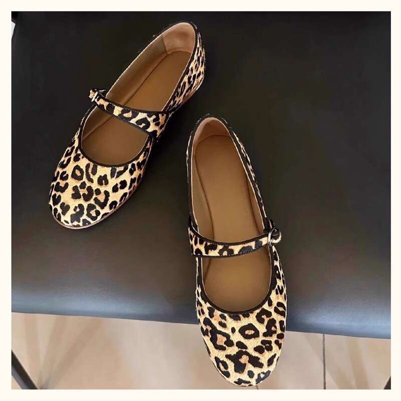 Sheepskin Version ~ Korean Style Niche Leopard Print Genuine Leather One-Strap Flat for Women Ballet Mary Jane Shoes