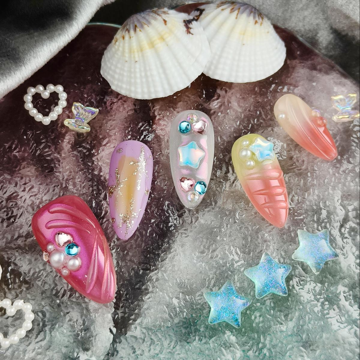 10pcs Handmade Press-on nails Medium Almond Nails Bundle Handraw 3D Ocean Collection Colorful Diamond Finished nail stickers Free storage box jelly gl