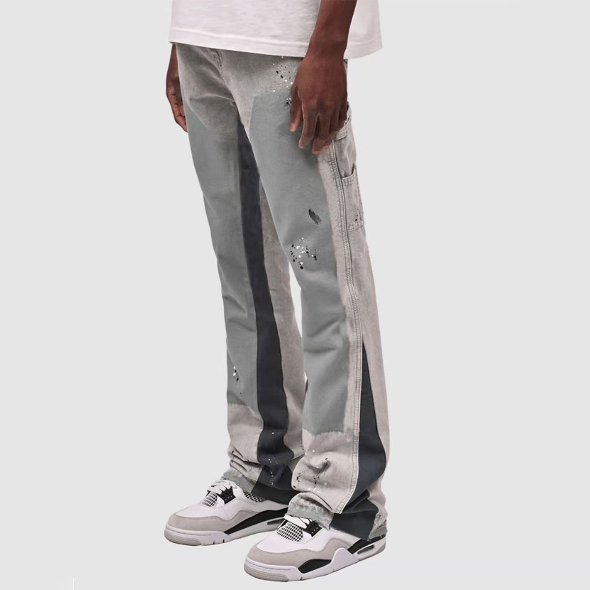 Mens Jeans Cargo Pants European American Fashion Ins Popular Elastic Patched Denim Layered Flared Pants