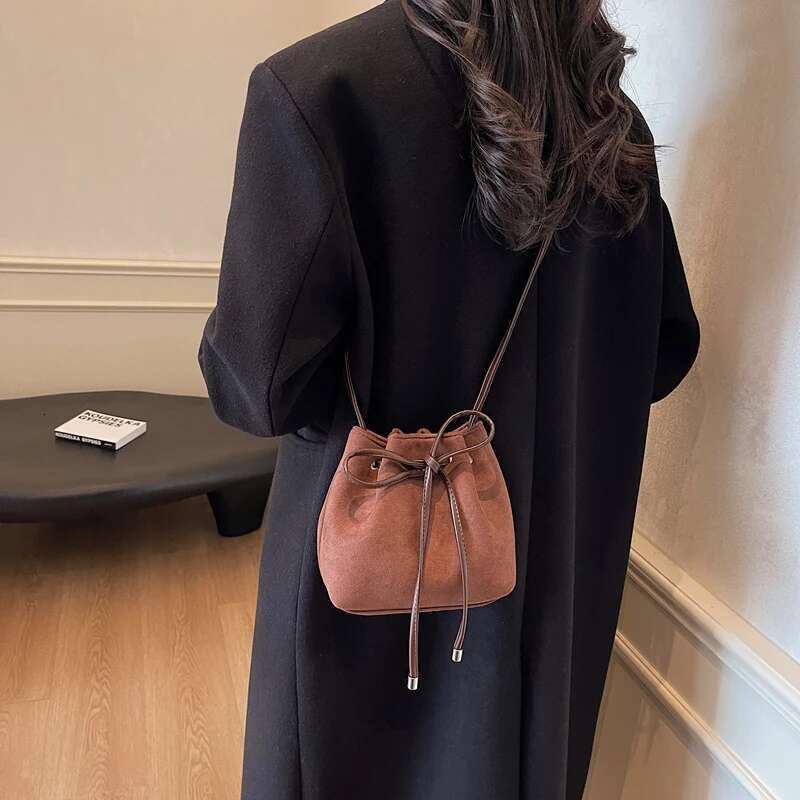 Women Faux Suede Bucket Fashion Tote Large Capacity Trendy Satchel Solid Color Drawstring Shoulder Chic Hobo Bag