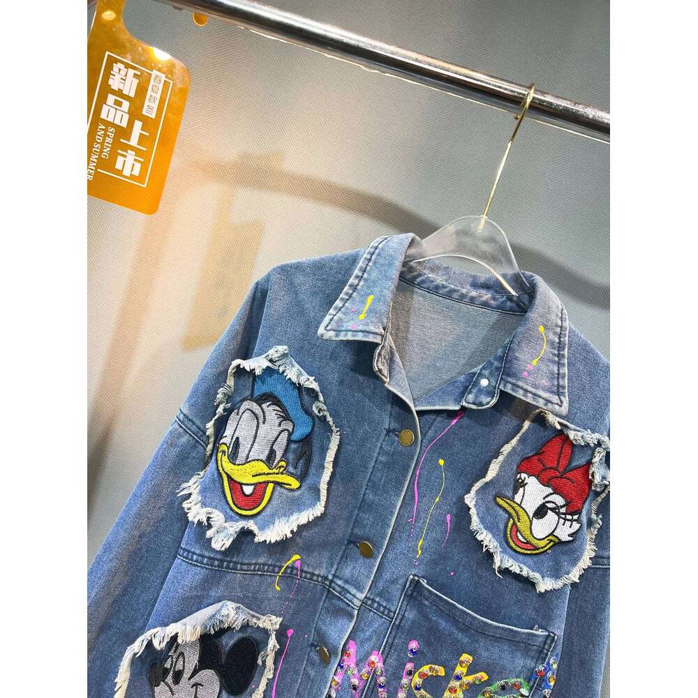 2024 Autumn New Retro Fashion Loose Versatile Gradient Colored Washed Denim Jacket Cartoon Sticker Bead Embroidered Shirt Women