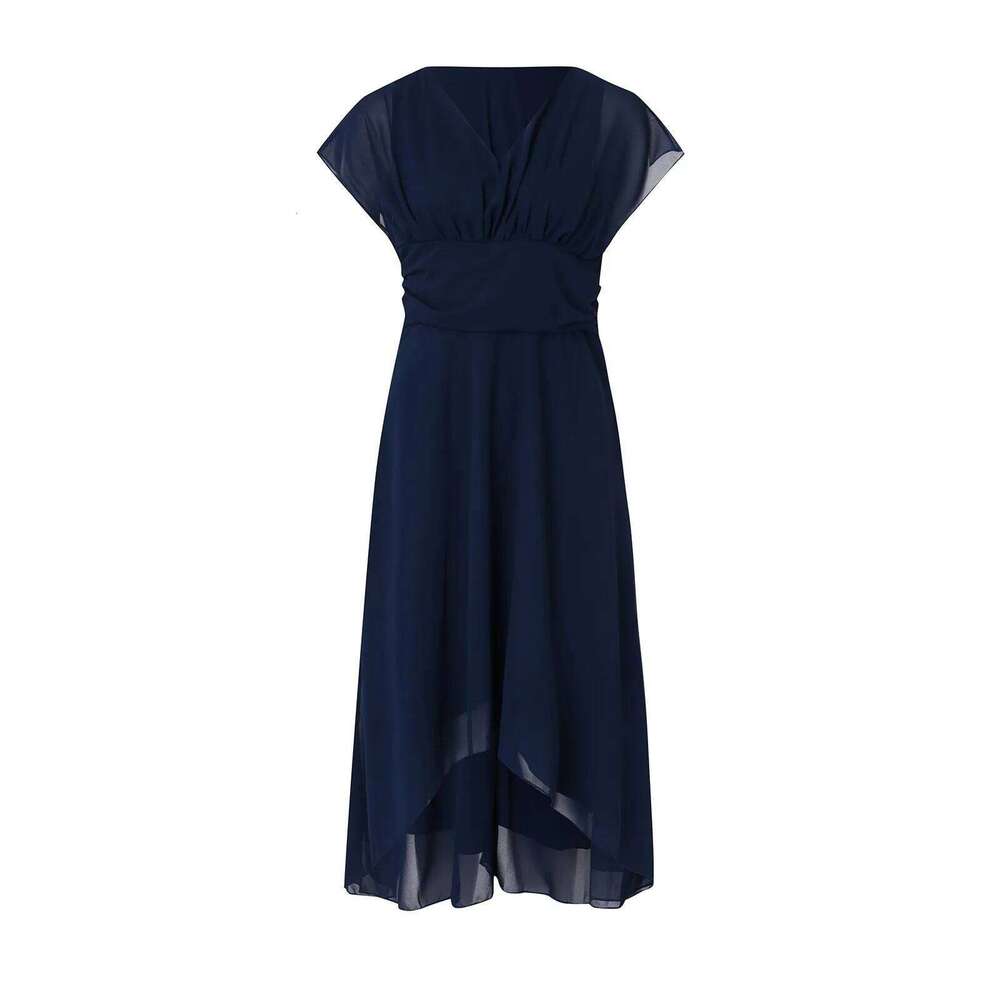 Elegant Women Chiffon Short Sleeve Long V-Neck High Waist A-Line Evening Party Tulle tail Formal Dress Vestidos
