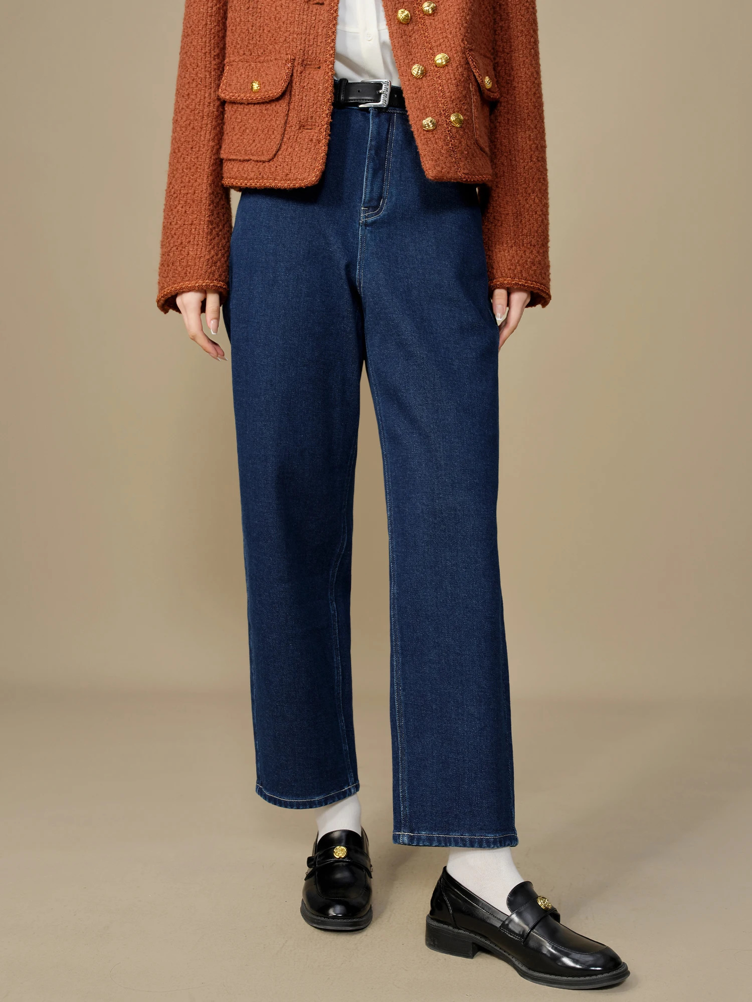 DUSHU Women Winter Jeans Dark Denim Blue Female Cropped Straight Thicken Pants Cotton Elastic Lightfleece Jean 24DS84169 250516Z