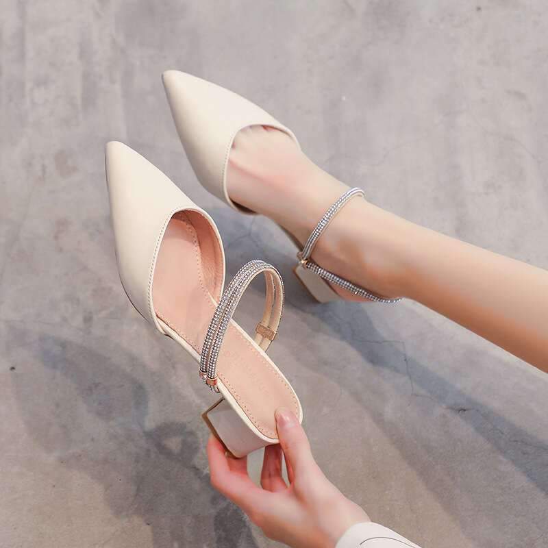 2025 New Spring Summer Closed-Toe Sandals Women, Mid-Heel Chunky Heel Fairy Style Fashion Rhinestone Two-Way Wear Slippers for Women