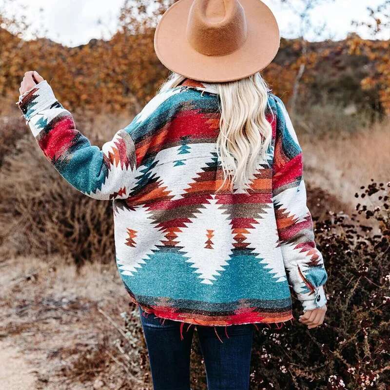 Vintage Women Splicing Loose Jacket Denim Print Aztec Retro Ethnic Style Long Sleeved Shirt Streetwear Female Goth Coat