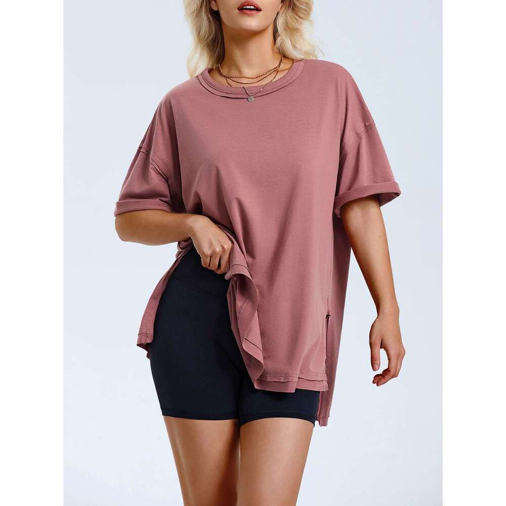 2025 Summer Women's Solid Color Cotton Round Neck Side Slit Loose T-Shirt