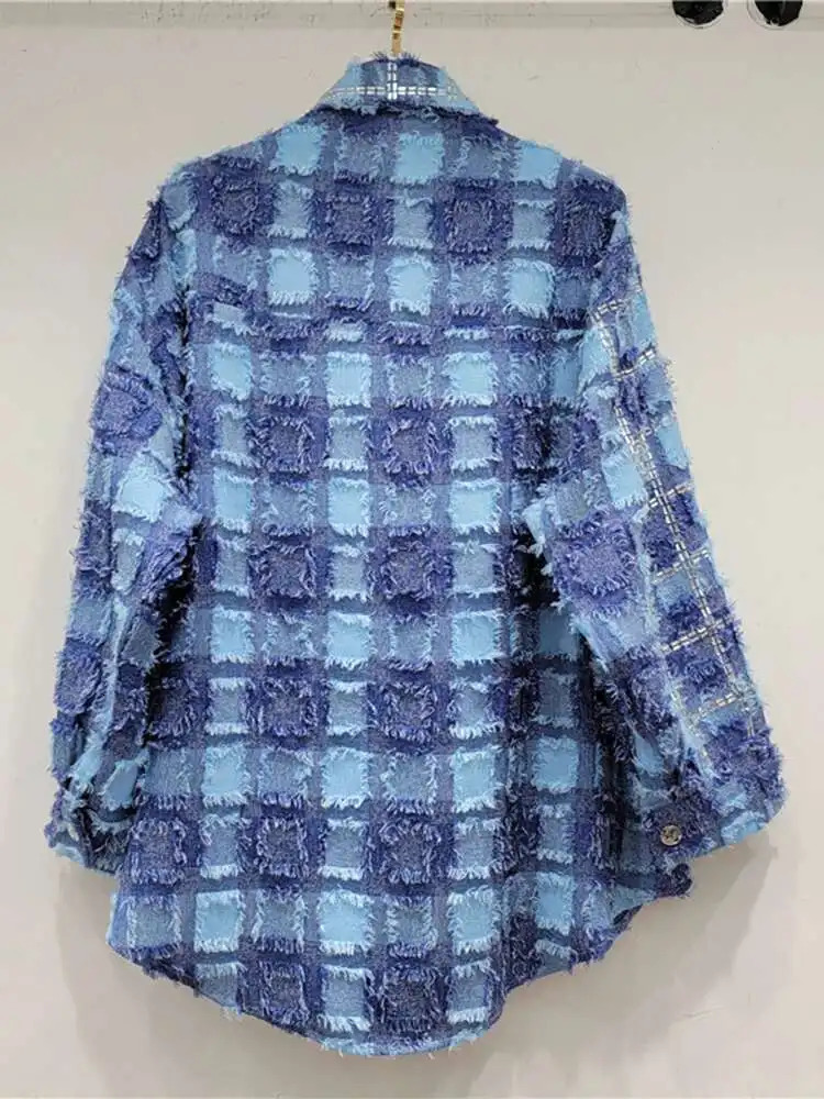 DEAT Womens Denim Shirt Loose Patchwork Plaid Burrs Edge Colored Diamond Single Breasted Blouse Summer Fashion 29L6604 250523