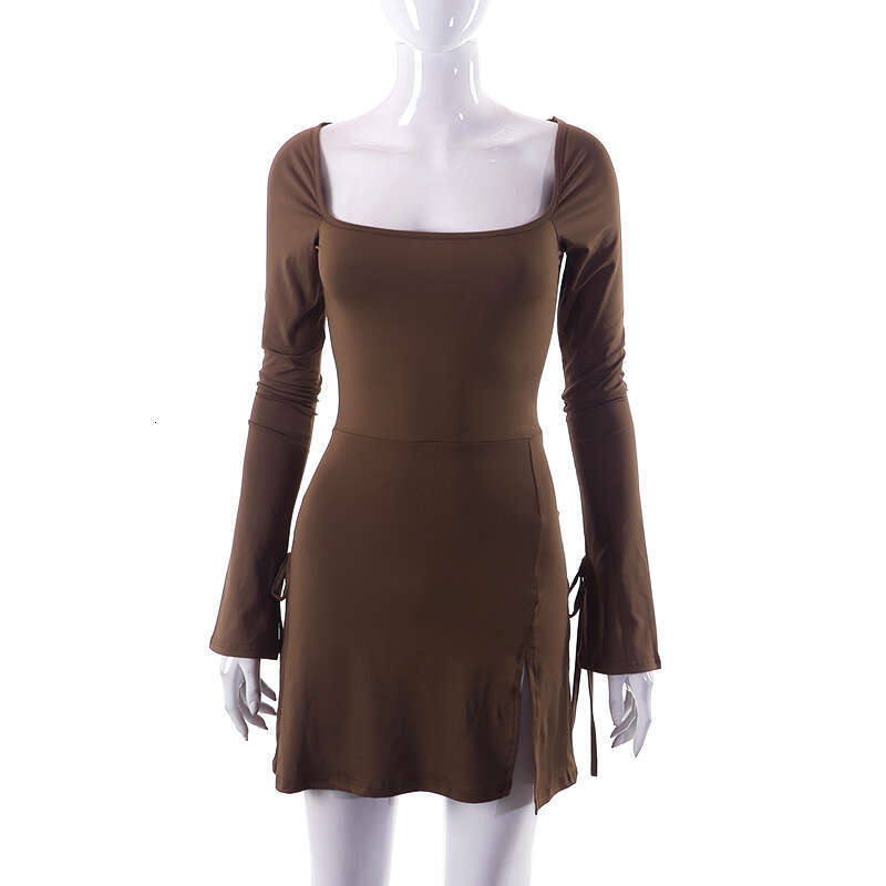 Q22DS564ins Style Women's Autumn New Square Neck Long Sleeve Slim Fit Bodycon Split French Dress
