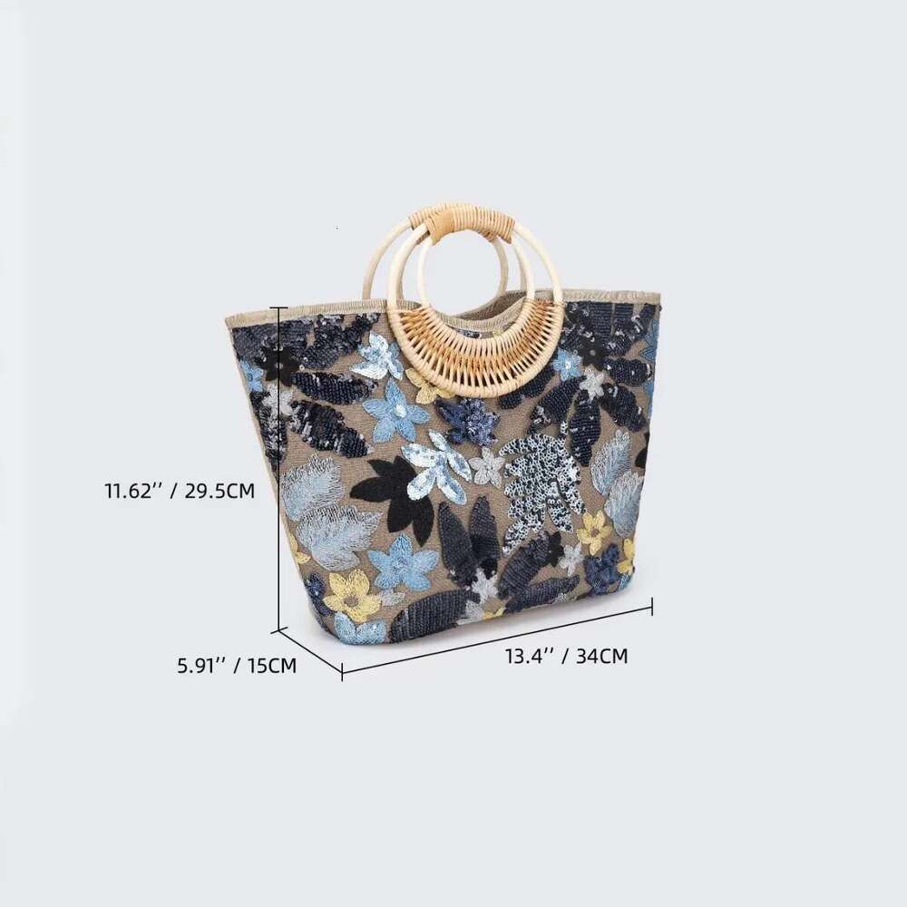 Flower Sequins Handbag Round Rattan Handle Beach Bags for Women Large Embroidery Basket Bag Travel Shopper Tote