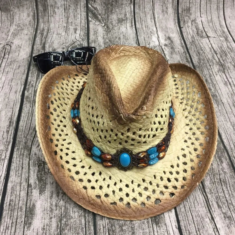 Summer Men Handmake Raffia Hollow Cowboy Hat With Punk Rope Women Western Wide Curling Brim Cap Sun Protection Unisex Hats 250526