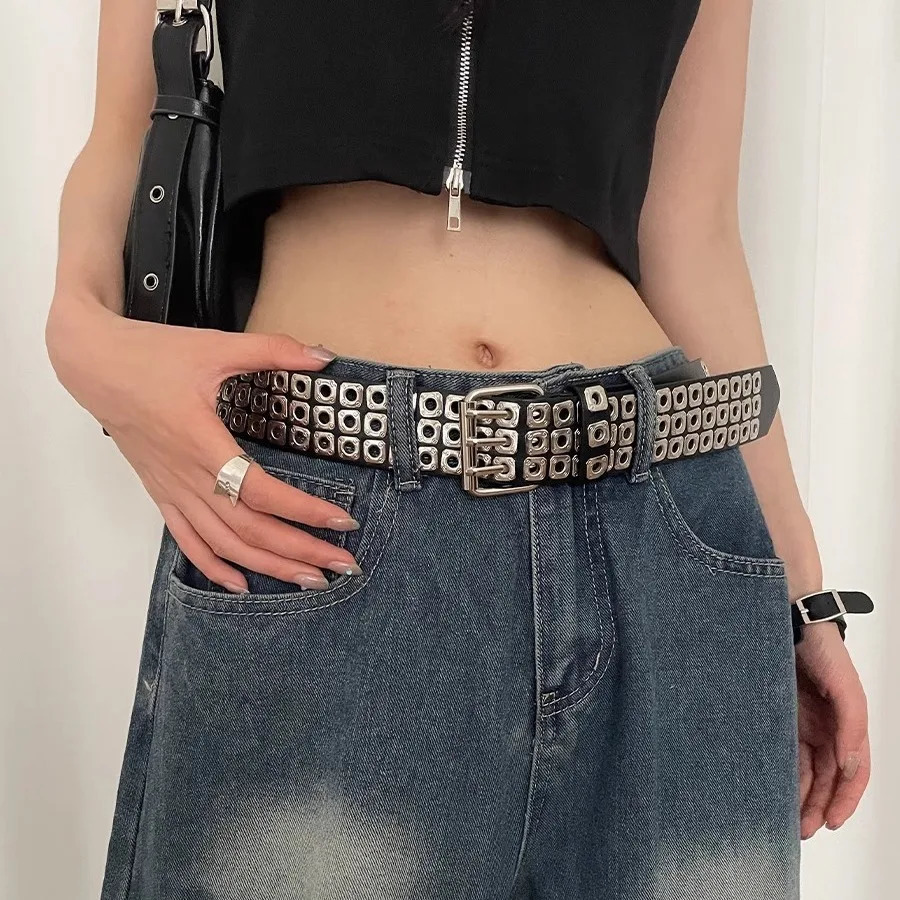 Hip-Hop Y2k Jeans Womens Belts Unisex Adjustable Double Row Needle Buckle Waistband Retro Square Rivet Rock Punk Mens Belt 250520
