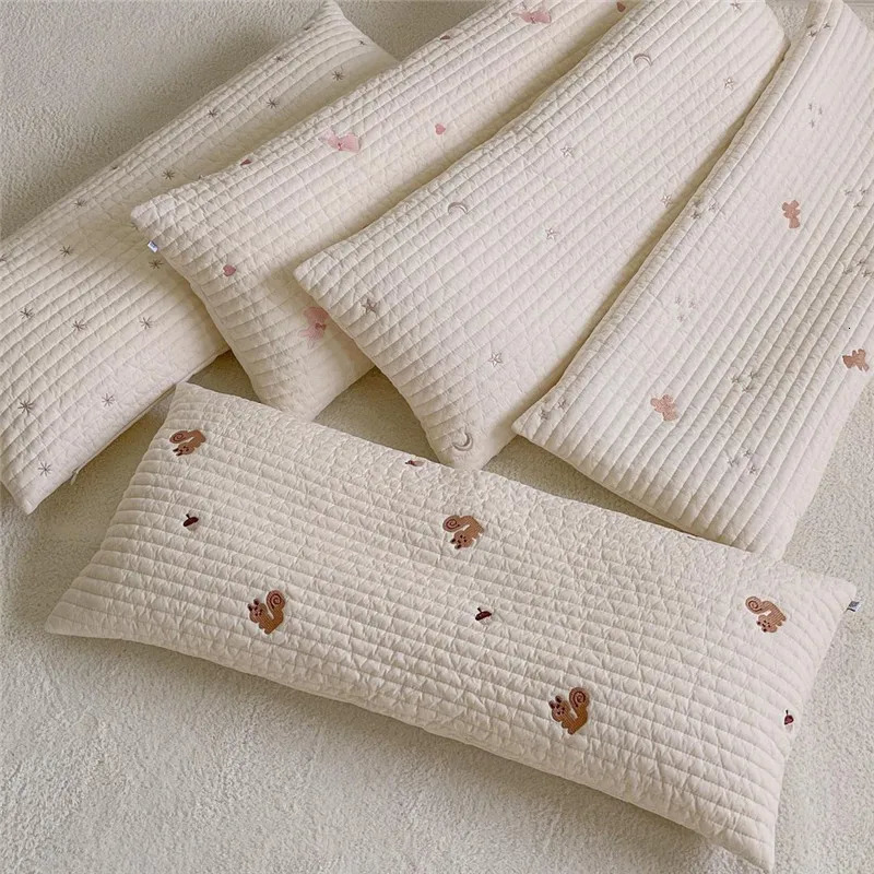 born Pure Cotton Flat Pillow Quilted with Cartoon Squirrel Bear Embroidery Breathable Soft 250527