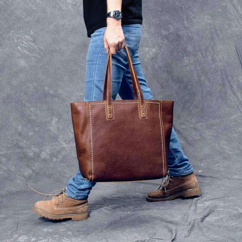 Fashion Vintage High Quality Genuine Leather Men's Tote Real Cowhide Large Capacity Handbag Big Laptop Shoulder Bag
