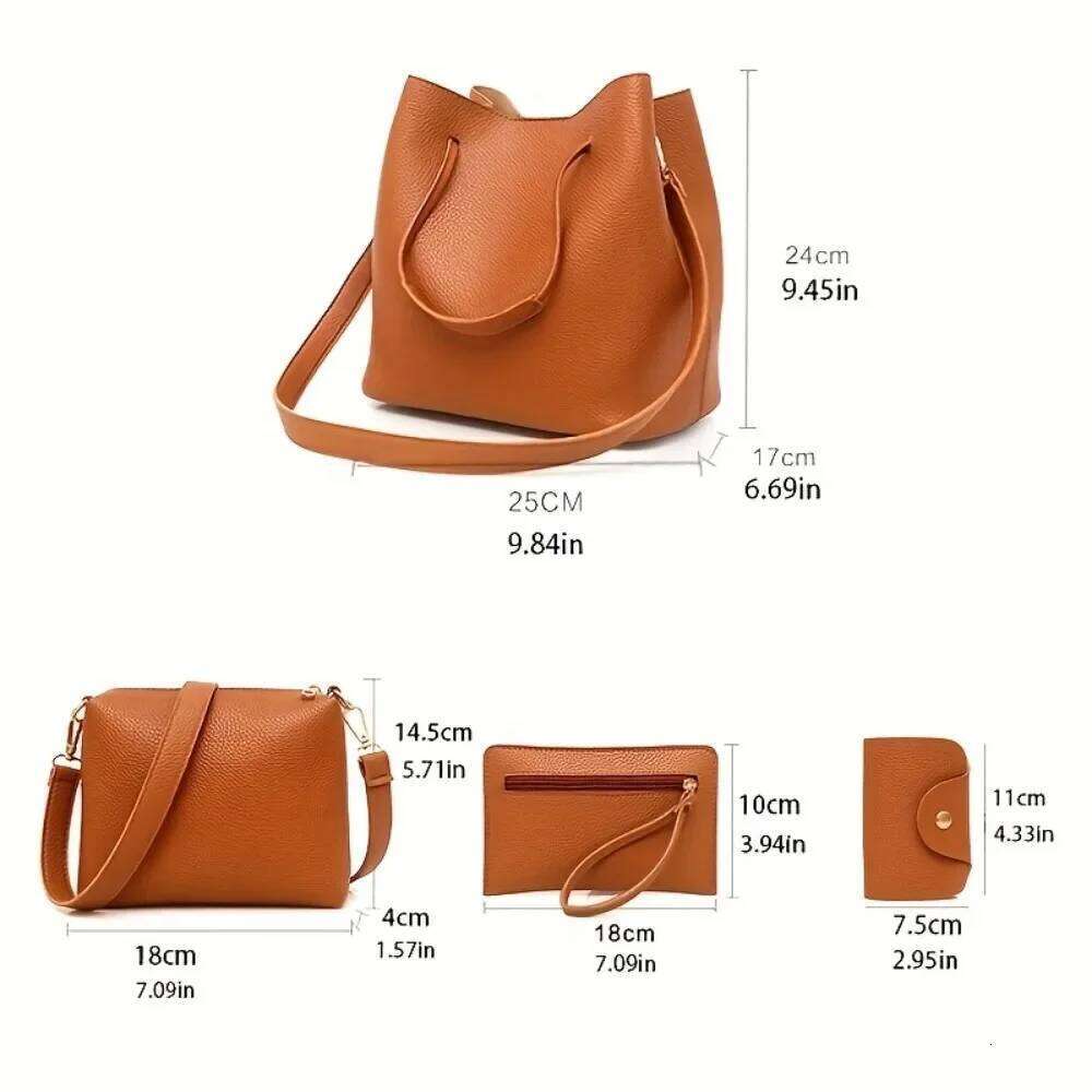 4 Piece Set Large Capacity Leather Pure Colour Lychee Texture Shoulder Bucket Bag Wallet Handbag