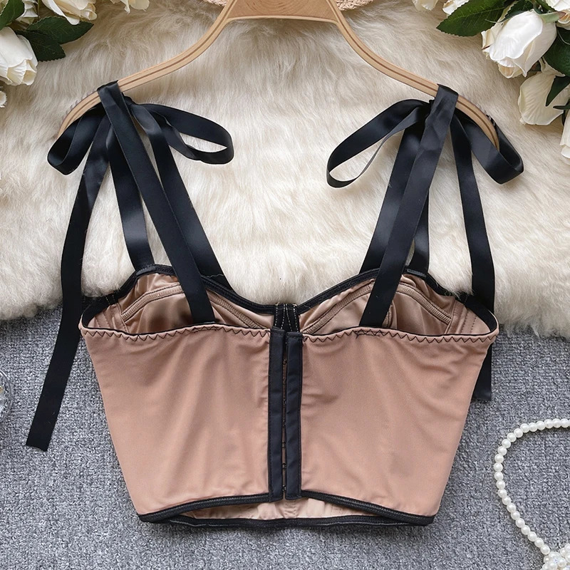HELIAR Women Summer Lace Up Straps Crop Tops Mesh Patchwork Stripe Sexy Tank Top Beach Camis Streetwear Tube Tops Spring 250523