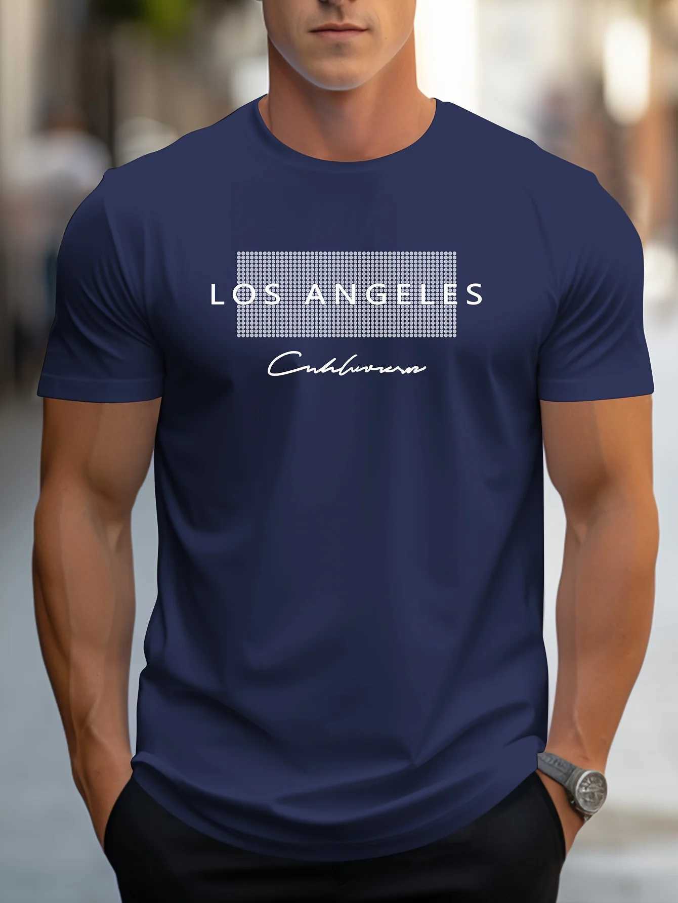 Mens 100% cotton summer loose fit large Los Angeles Graphic printed slim fit casual sports round neck short sleeved T-shirt top Z250527