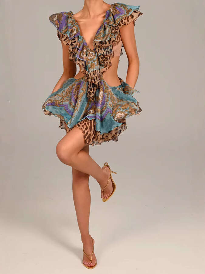 Women's Sexy Sleeveless Printed Dress with Irregular Hem and Ruffles 8150