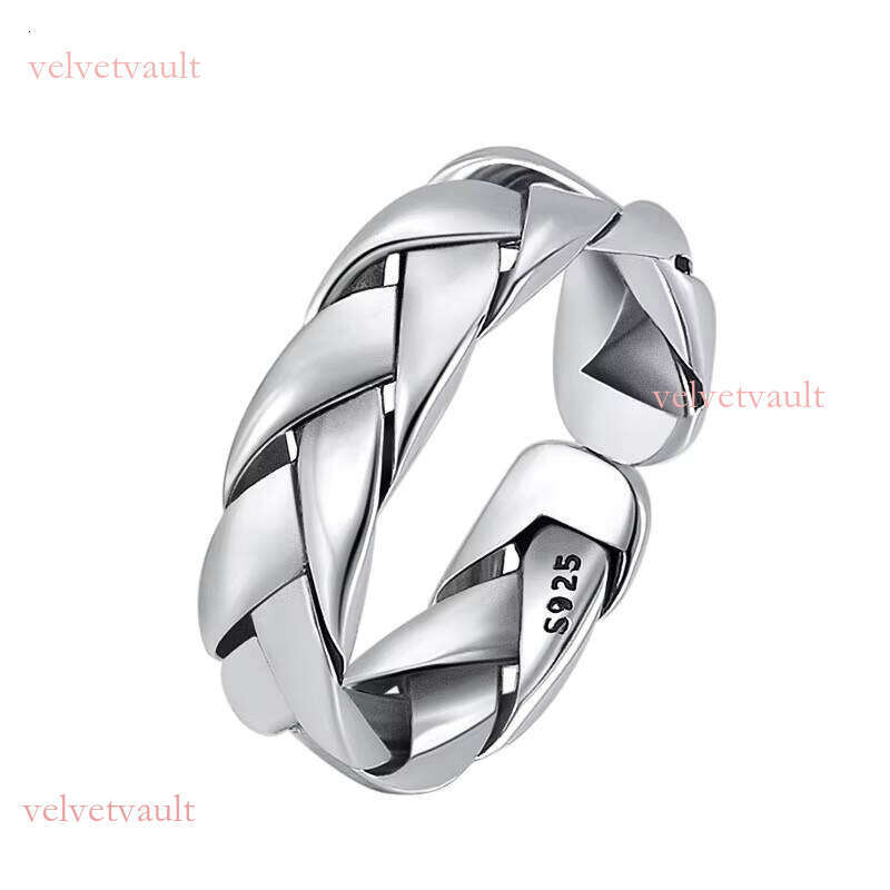 Real Pure Sterling Sier Simple Men's and Women's Open Ring with Fashion Woven Adjustable Size Vintage Jewelry