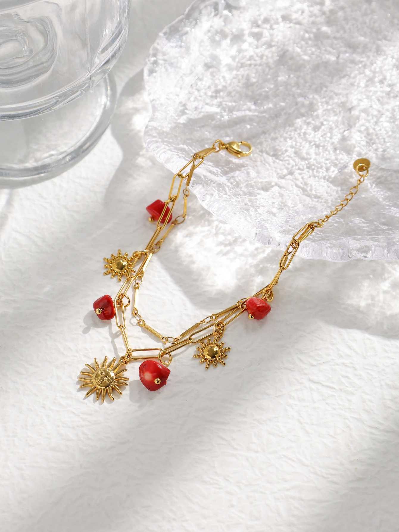 Stainless Steel Red Natural Stone Sun Pendant Double Bracelet Simple Irregular Chain Gold Women Jewelry Birthday Gift W250526