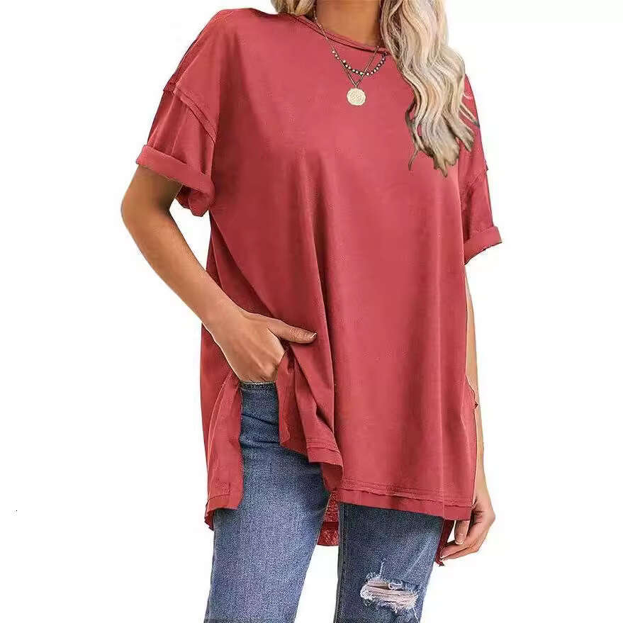 2025 Summer Women's Solid Color Cotton Round Neck Side Slit Loose T-Shirt
