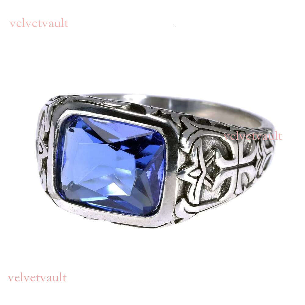 Real Pure Sterling Sier Rings for Men Blue Natural Crystal Stone Mens Ring Vintage Hollow Engraved Flower Fine Jewelry