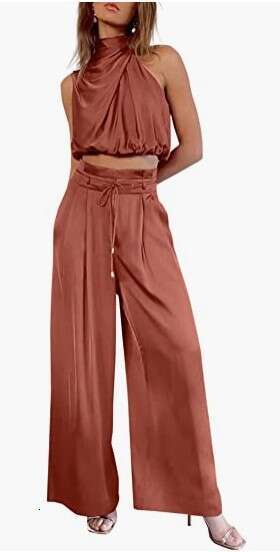 2025 New Women's Two-Piece Set Summer Casual Sleeveless Turtleneck Crop Top Wide-Leg Pants