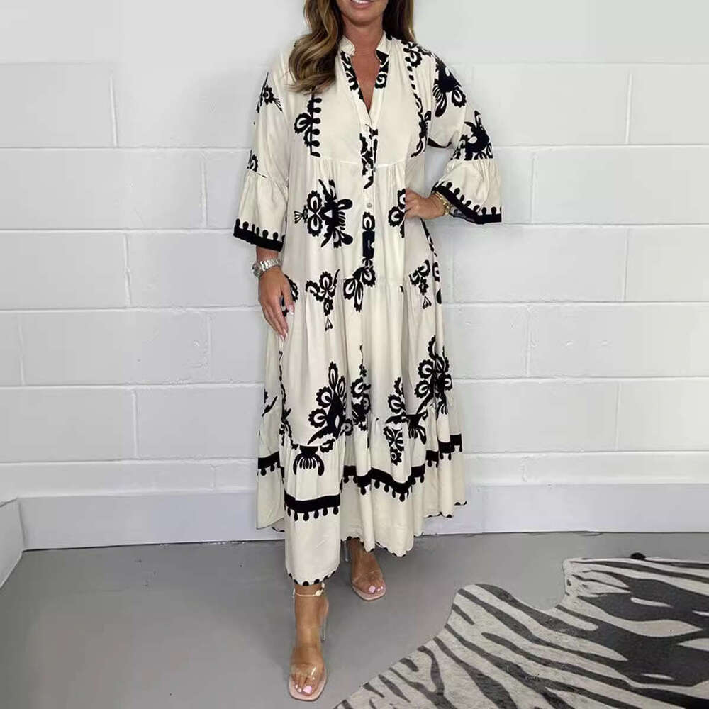 2025 Women's New Elegant Printed Stand Collar Waist-Cinching Dress