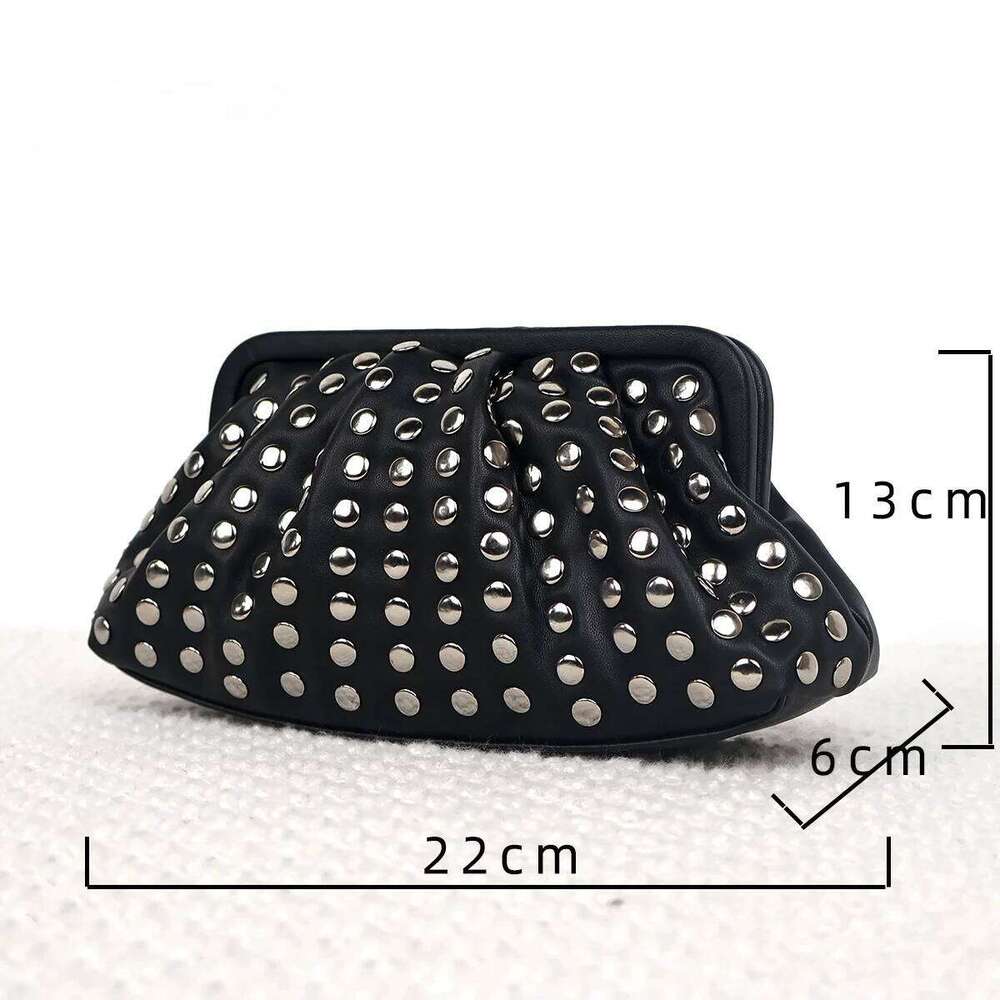 Fashion Rivet Clutch For Women Ruched Hobo Lady Handbags Pu Leather Evening Party Purses Punk Shell Female Bag 2024