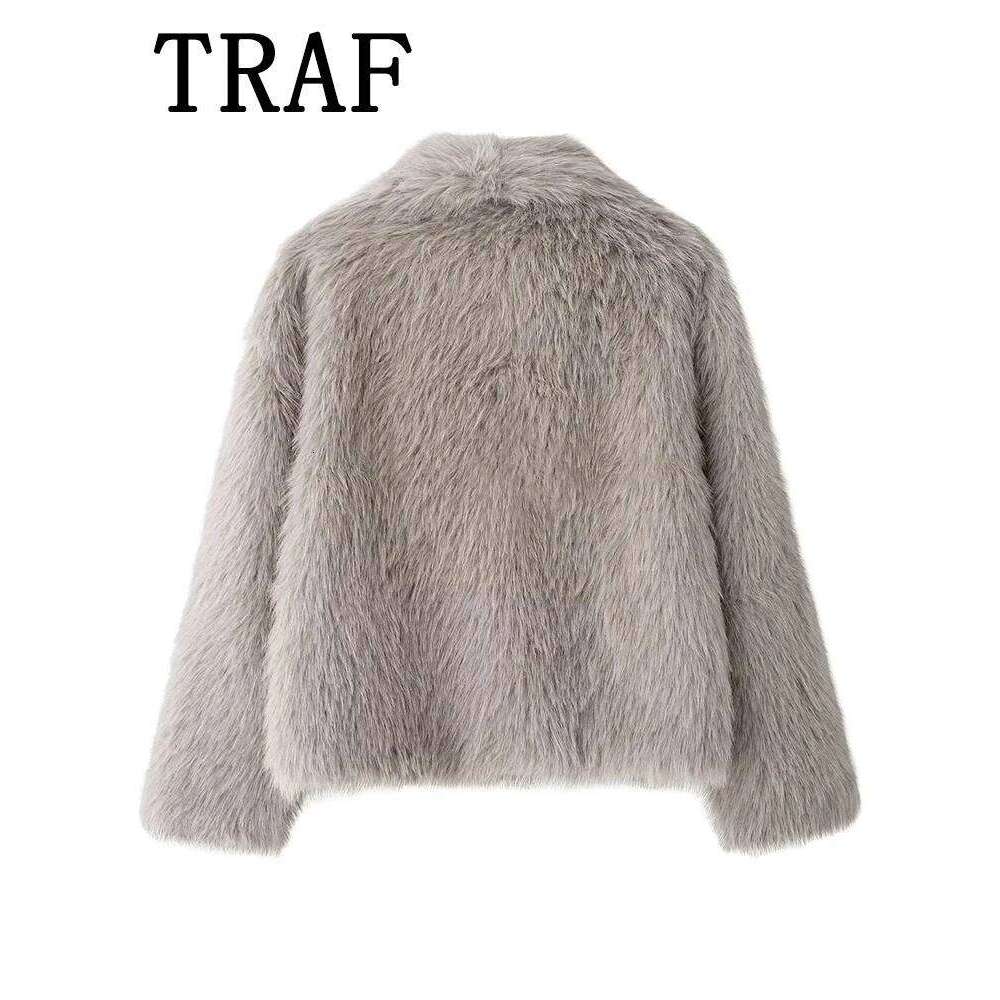 TRAF Faux Fur Cropped Jackets For Women Coats Thick Warm Soft Jacket Woman 2024 Long Sleeve Casual Winter Coat In New Outerwear