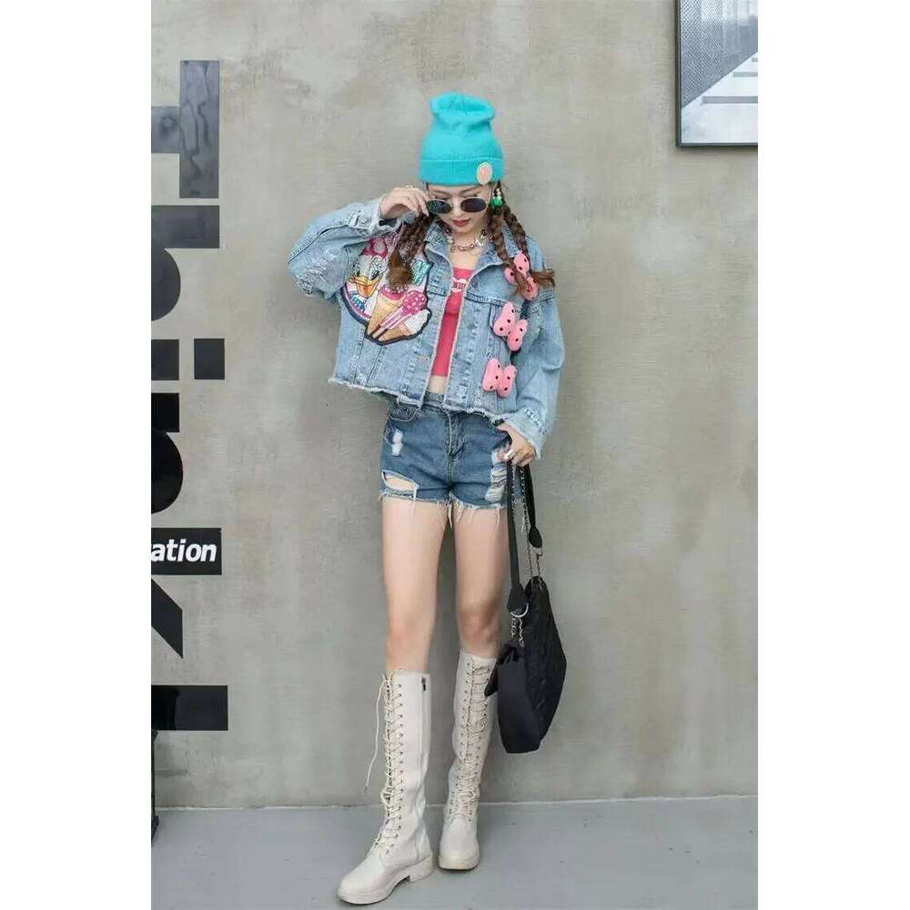 Women Jacket European American Style Heavy Industry Nail Bead Denim Coat 2024 New Sweet Short Top