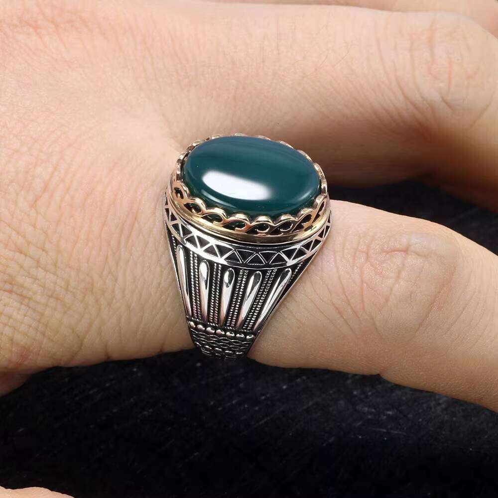 Sier Gems Stone Mens Ring Big Turkish Rings for Men With Green Red Tiger Eyes Stones Vintage Turkey Jewelry