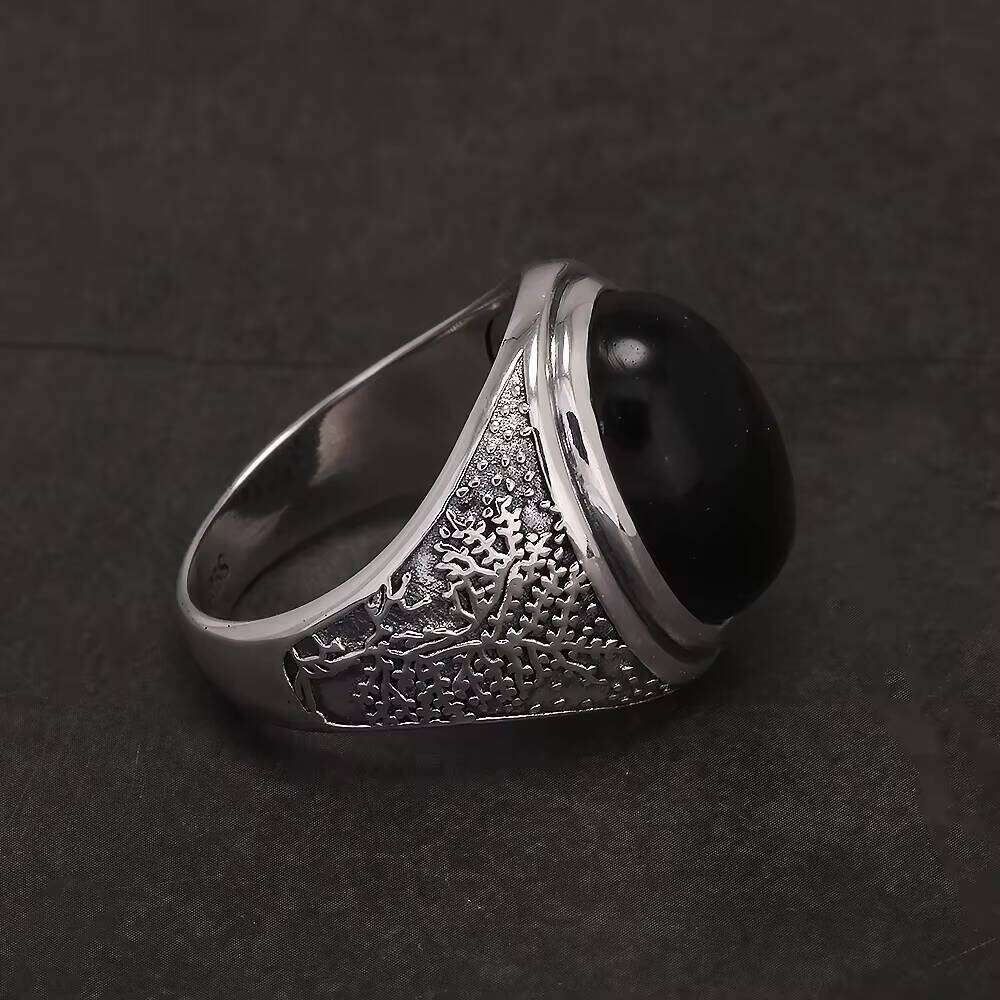 Sterling Sier Natural Golden Obsidian Ring for Men Engraved Tree Authentic Gemstone Turkish Rings Vintage Female Jewelry