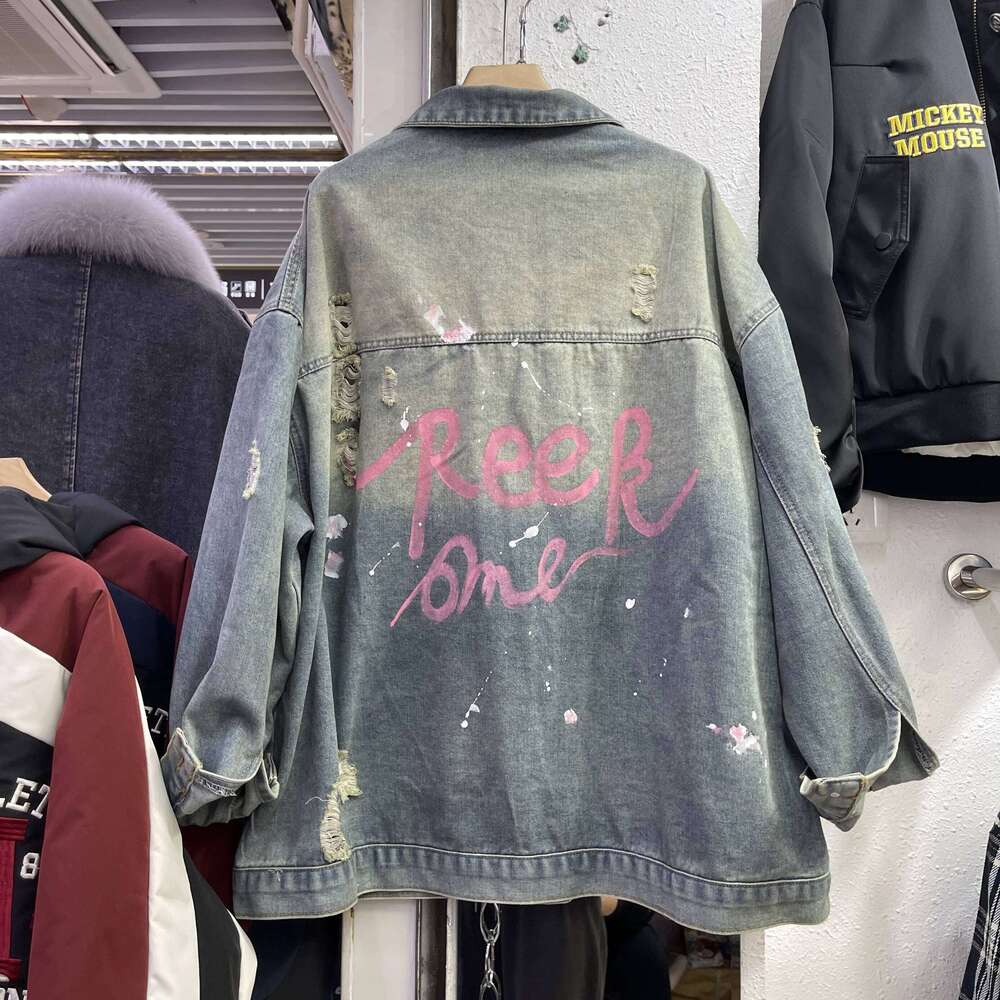 Autumn Hand-Painted Graffiti Denim Jacket Loose Mid Length Cartoon Printed Top Street Fashion Made Old Ripped Jackets For Women