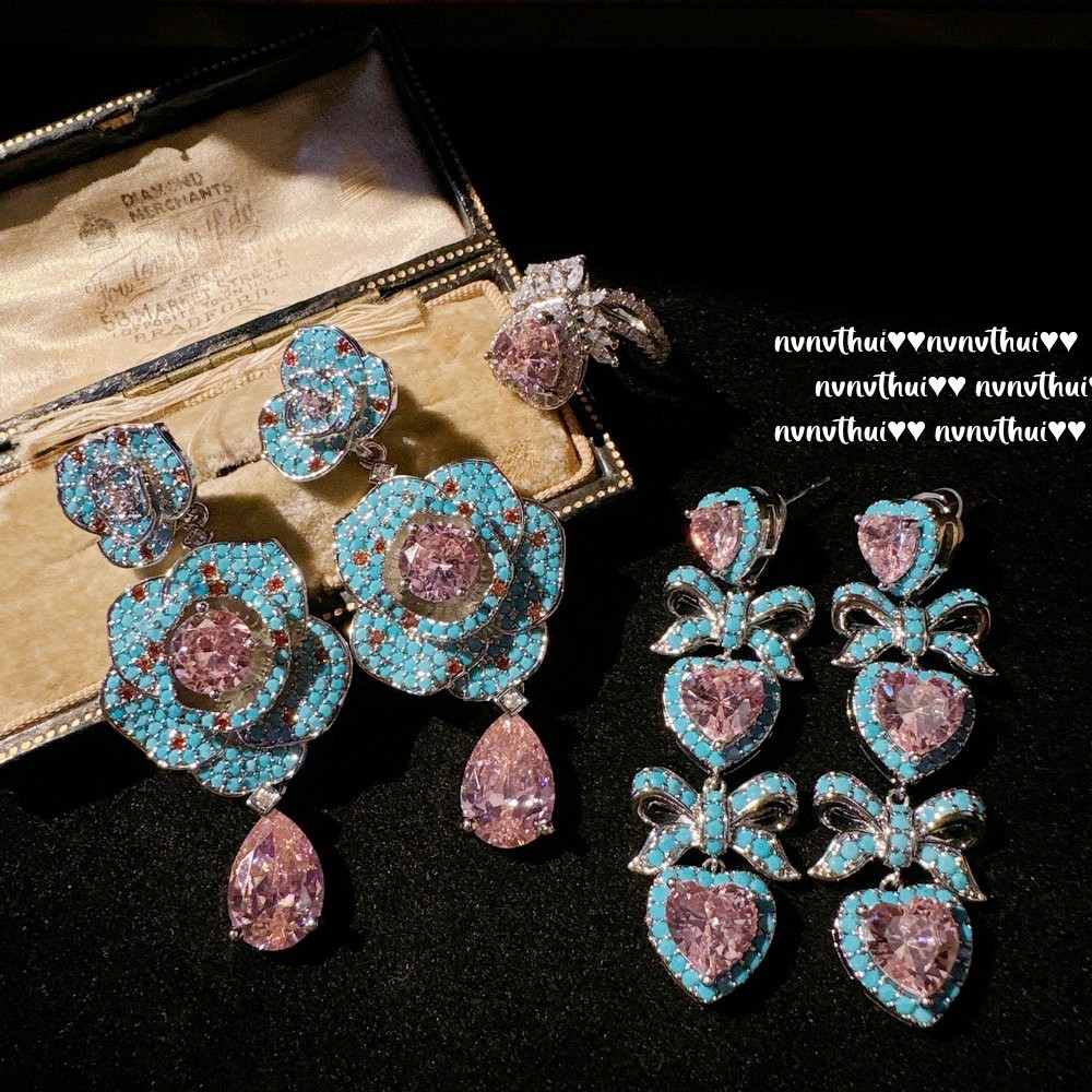 Austrian Court-Inspired Camellia Gemstone Earrings - Vintage 18K Gold Plated Argyle Pink Heart Enamel Drop Earrings